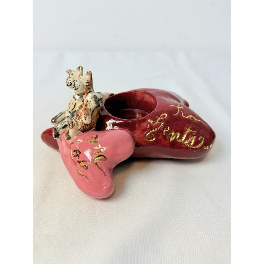 Blue Sky Clayworks Heather Goldmine Two Hearts One Love Cats Candle Holder